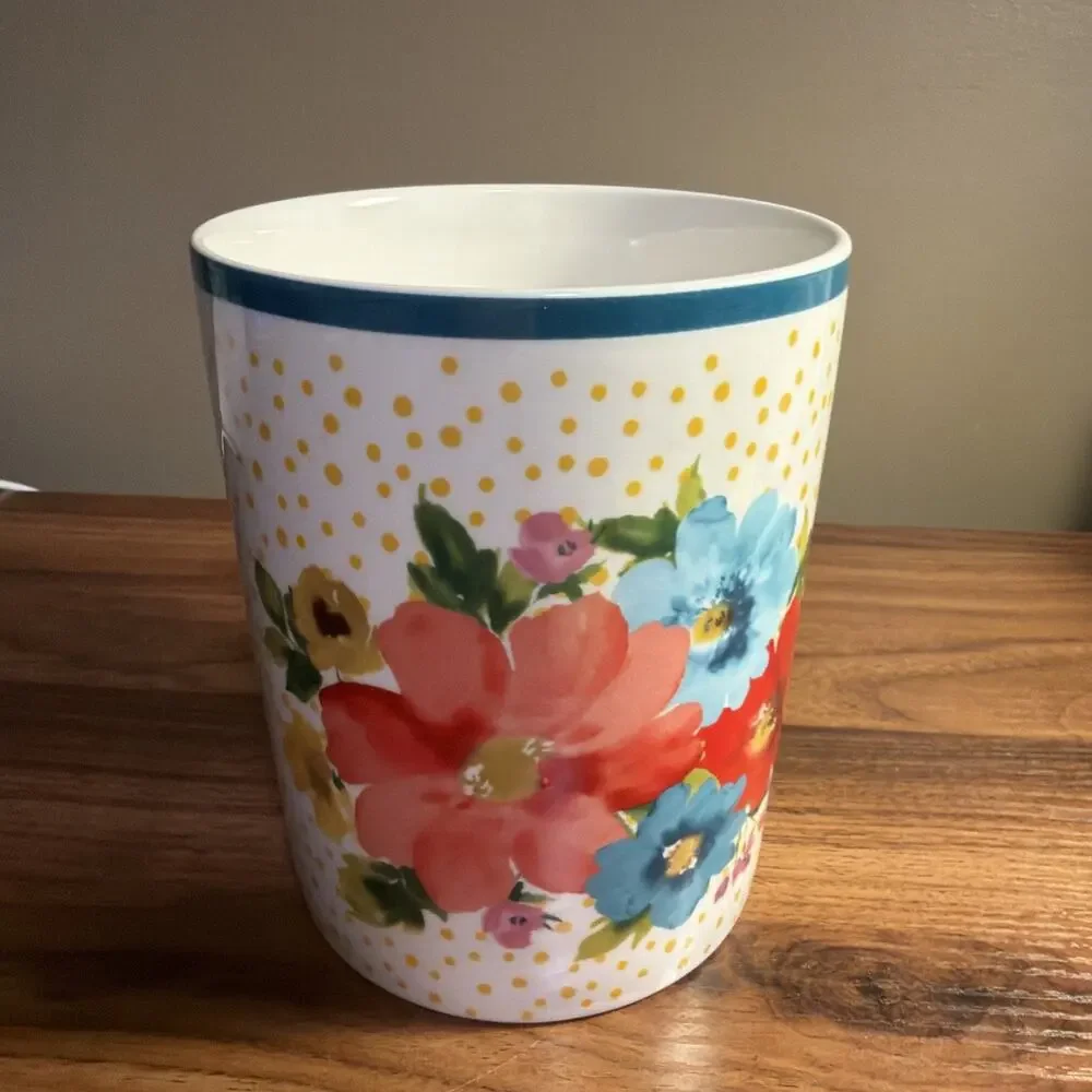 Pioneer Woman Breezy Blossom Crock Utensil Holder Floral w/ Yellow Polka Dots 6”